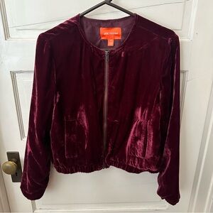 Joe Fresh Red Velvet Bomber Jacket Front Zipper Elasticated Cuffs Front Pockets